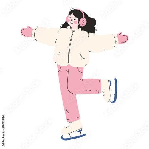 Happy girl ice skating wearing a white jacket and pink pants isolated on white background. Winter character for greeting cards and posters.
