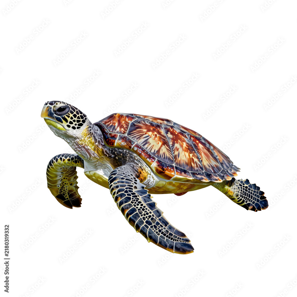Fototapeta premium Detailed illustration of a green sea turtle swimming with its shell visible and wings extended