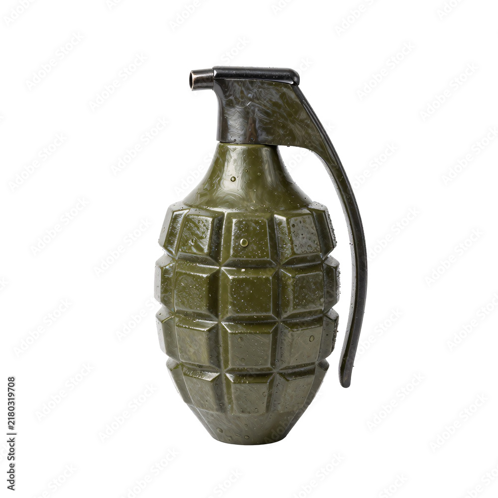 Obraz premium Olive green hand grenade with a black lever and fuse on a white background
