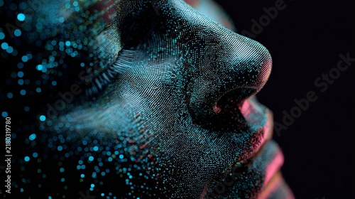 Abstract human face profile rendered with digital particles, representing innovation and futuristic technology concept