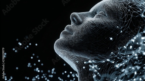 Abstract digital portrait of a female face, constructed from glowing nodes, conveys innovation and technological advancement