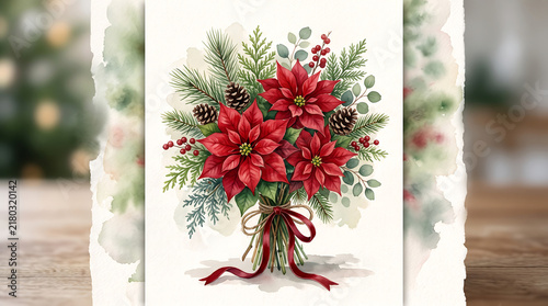 Watercolor bouquet of red poinsettia flowers with pine branches and ribbon.
