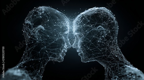 Two digital head silhouettes nearly touching, glowing with blue light, represent connection and communication in a dark setting