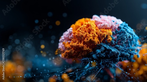 Abstract human brain model glows with vibrant orange, blue, and pink hues, representing intelligence and technological innovation