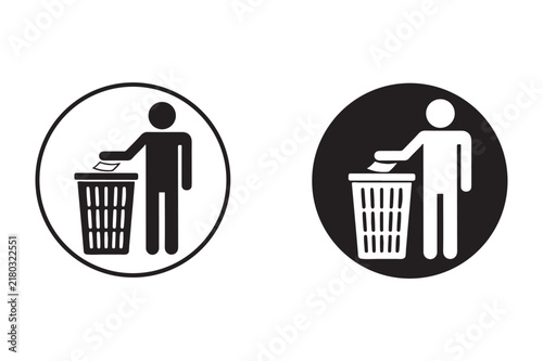 Person throwing paper into trash bin icons isolated on white background
