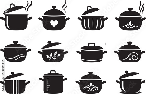 Set of twelve black and white cooking pot icons with steam isolated on white background