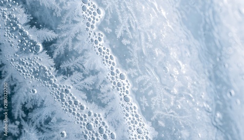 tiny air bubbles naturally trapped beneath a translucent sheet of clear ice, clusters of bubbles and delicate frost formations with generous copy space

