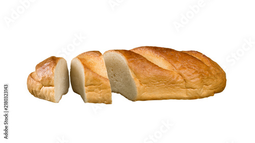 Foto Freshly baked artisan bread loaf sliced into pieces isolated on white background
