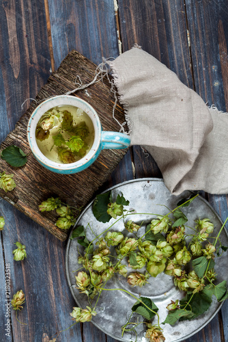 Hop tea in tea cup