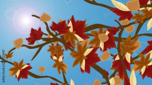 Animated Autumn Leaves Falling from Tree Branches Against a Clear Blue Sky