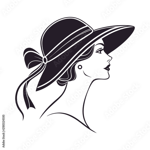Elegant woman wearing a wide-brimmed hat silhouette isolated on white background