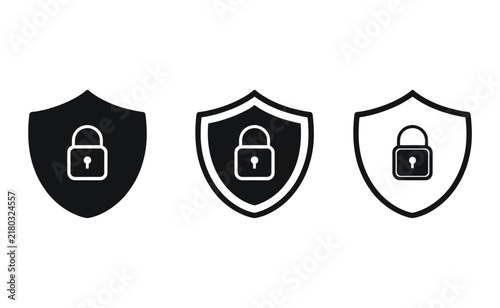 Secure shield with padlock icon set isolated on white background