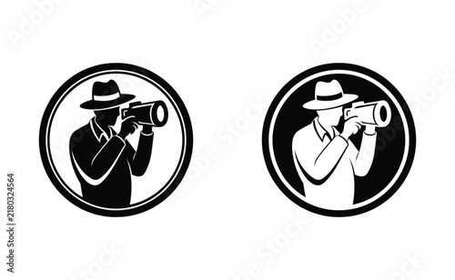 Person using binoculars looking through lens isolated on white background
