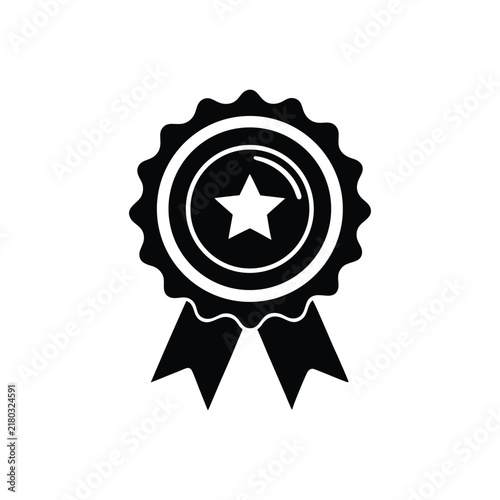 Black achievement ribbon with star badge isolated on white background