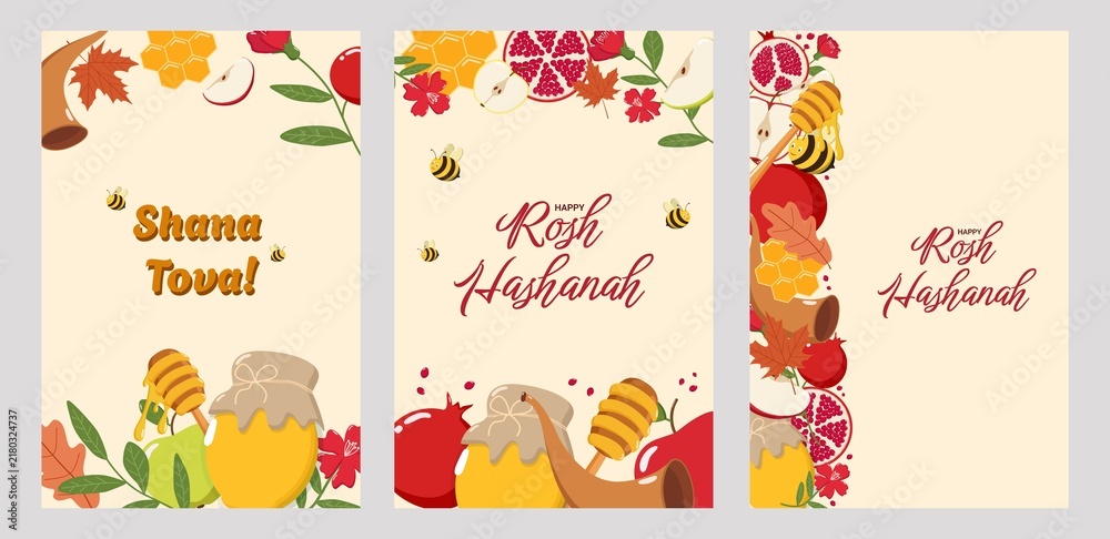 Fototapeta premium Three Rosh Hashanah greeting cards with Hebrew and English texts Shanah Tovah and Happy Rosh Hashanah, decorated with apples, pomegranates