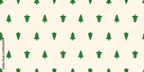 Seamless pattern of green Christmas trees on a cream background. Simple minimalist pine silhouettes for winter holiday wrapping paper, festive fabric, and background wallpaper.