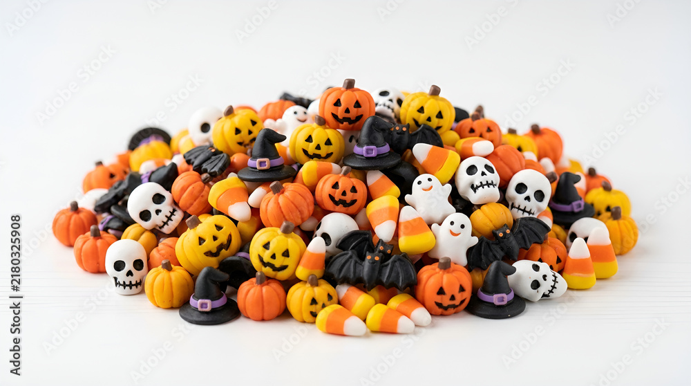 Fototapeta premium Pile of colorful Halloween sprinkle candies shaped orange jack-o-lantern pumpkin, white skull, white ghost, black bat, black witch hat, candy corn, isolated clean white background