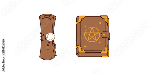 Foto Ancient scroll parchment and leather spell book with pentagram magic symbols for mystical fantasy game character assets