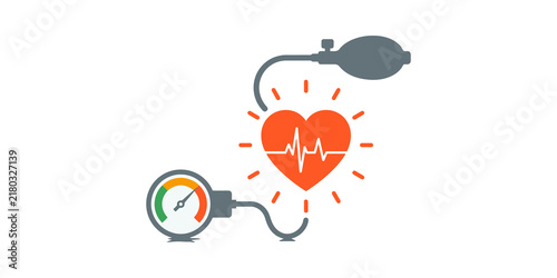 Obraz na plátně Blood pressure monitoring equipment with orange heart symbol and gauge indicator for health checkups or cardiac analysis