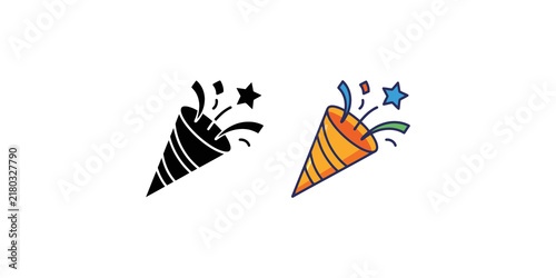 Foto Party popper icon in black and white and colored versions representing celebration and festive events for joy