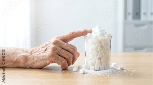 Old senior woman hand touching glass with white sugar cubes on wooden table. Excessive sugar consumption and diabetes risk in elderly. Healthy diet, nutrition and blood glucose control concept.