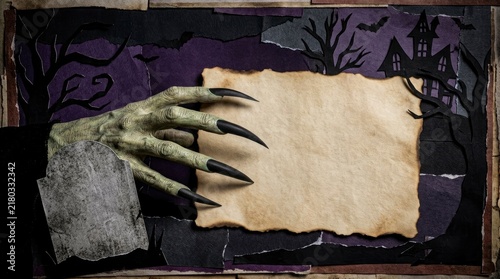 Halloween background with witch hand holding blank aged parchment paper