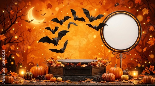 Halloween product display podium with pumpkins and bats
