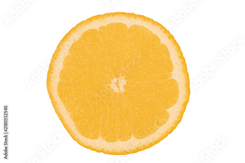 Juicy orange slice against white background, revealing segmented interior, vibrant yellow hue, glossy sheen, textured rind, minimalistic composition, bright even lighting, high contrast setting