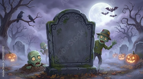 Halloween spooky graveyard background with blank tombstone for copy space and cartoon zombies pumpkins under a full moon