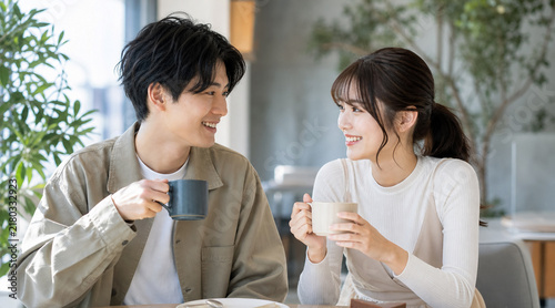 カフェでドリンクを飲みながら笑顔で会話を楽しむ男女カップル