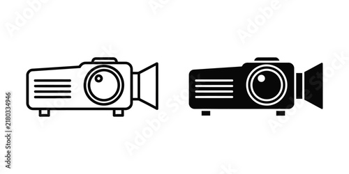 Digital projector in black and white outlines on a white background for presentations and media playback
