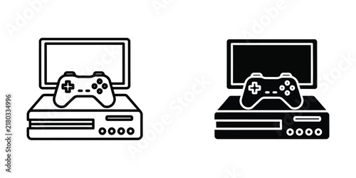 Game console with controller on screen during entertainment concept in flat design style