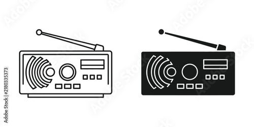 Vintage radio outline and solid fill isolated on white background for retro concept design