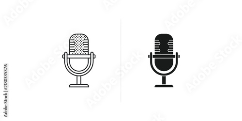 Vintage microphone in outline and solid silhouette against a clean white background for broadcast or podcast concepts