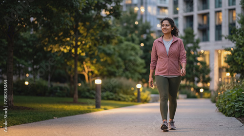 Indian woman enjoying a peaceful late evening walk in a park
