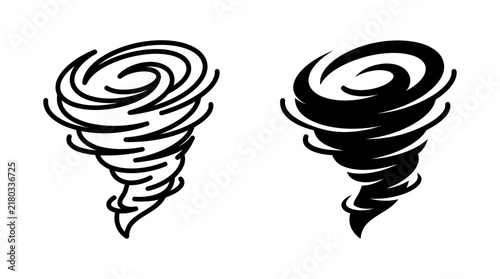 Black and white vector icons of a swirling tornado vortex representing severe weather hazards with hurricane disaster whirlpool atmosphere silhouette illustration