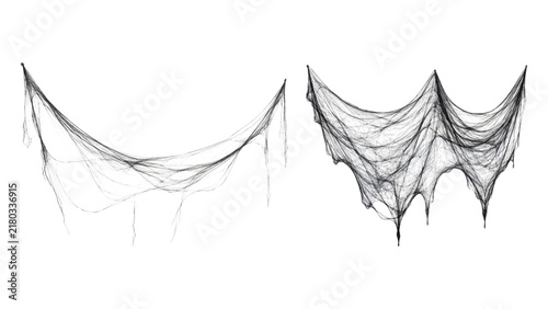 Two draped torn cobweb/cheesecloth Halloween decorations in black on transparent background, spooky tattered gauze props for haunted house or party décor