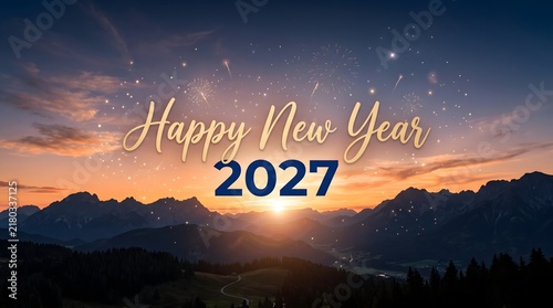 A beautiful sunset landscape with a bright glowing sky over mountain silhouettes featuring text celebrating the arrival of the new year twenty twenty