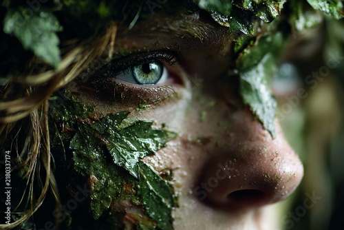 Close encounter with nature showcasing a vibrant gaze adorned with leaves during a tranquil forest exploration at dawn