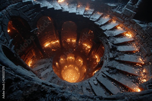 Mysterious spiral staircase leading into an abyss filled with glowing embers, capturing the essence of an ancient underground forge at twilight