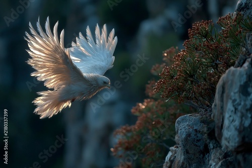 Majestic white bird soars gracefully over rocky landscape during golden hour, embodying freedom and beauty in nature