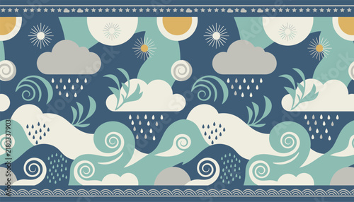 Seamless horizontal weather border with waves rain clouds sun and stars in retro geometric style.