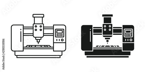 CNC milling machine with digital display in clean line art and solid silhouette against white background for industrial design