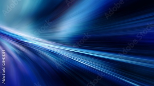 Dynamic azure light streaks rush forward, creating an abstract design, showcasing speed and technological innovation concept
