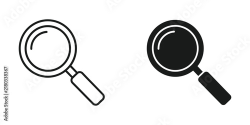 Magnifying Glass icon with handle in outline and solid black on white background for research or analysis concept