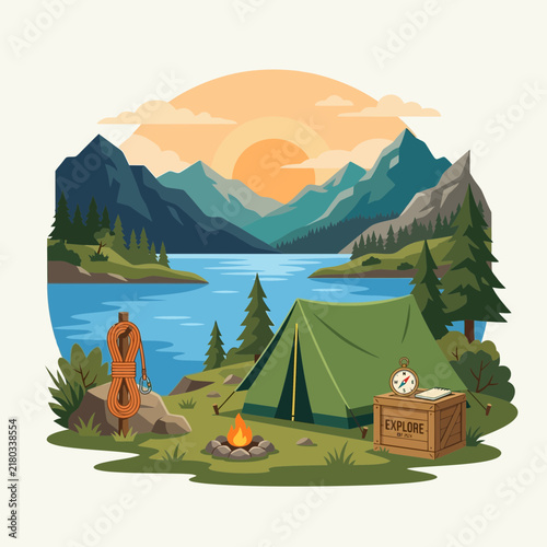 Scenic mountain camping illustration with tent and campfire by lake