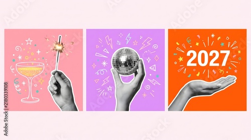 A creative collage featuring three hands holding a sparkling microphone a disco ball and the year twenty twenty seven against vibrant colorful backgrounds