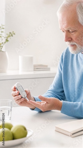 Senior man measuring blood sugar level with glucometer at home. Elderly male patient doing glucose test for diabetes control. Healthcare, self monitoring and healthy lifestyle concept