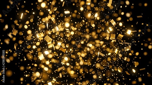 Abstract background featuring a dense cluster of glowing golden light orbs creating a beautiful bokeh effect against a deep dark black night sky