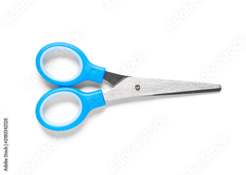 Fotografía Creativity and education, blue safety scissors for children isolated on white ba